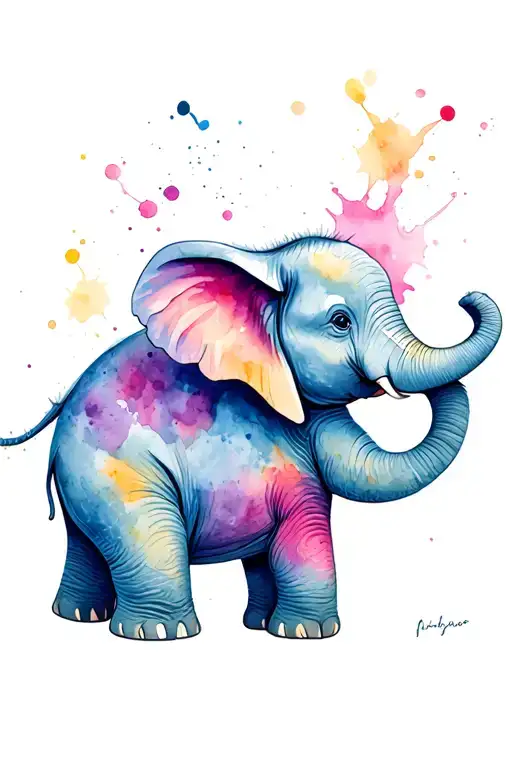 Baby Elephant Playing With Wordblocks Coverd In Paint Splatter