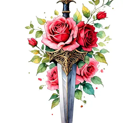 Dagger With Red And Pink Roses Growing