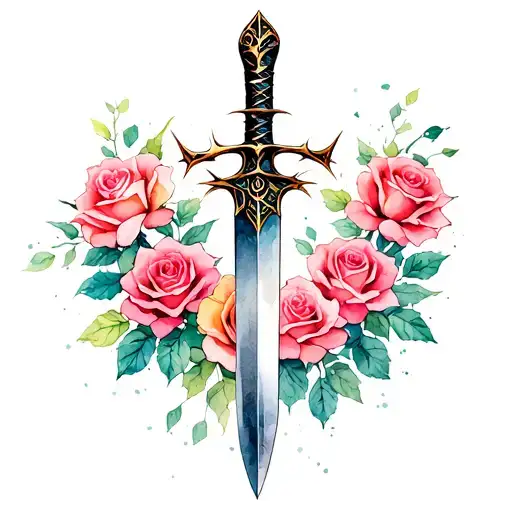 Dagger With Roses And Thorns Growing