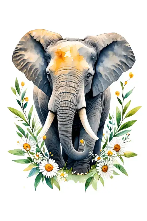 Elephant Surrounded With Olive Branches And Daisies