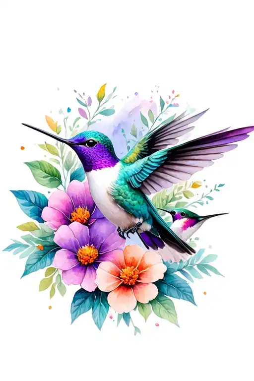Purple Momma Hummingbird Surrounded By Flowers With Baby Hummingbird