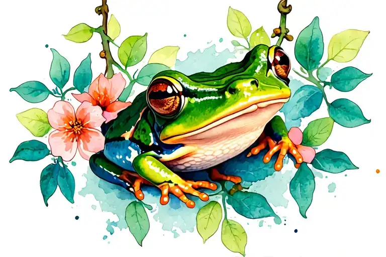 Frog Hanging And Flowers On Vine