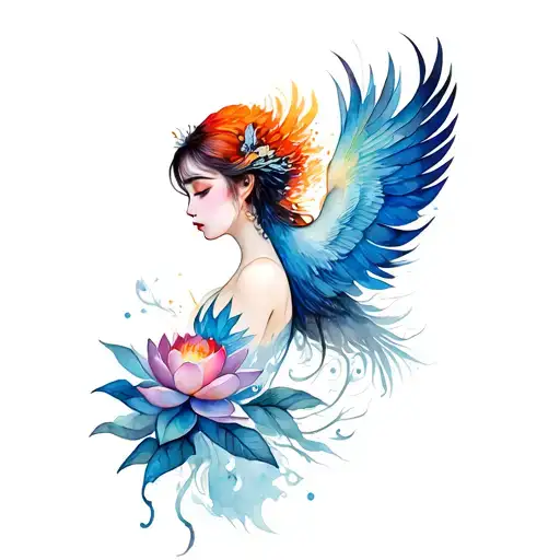 Girl With Feathers Like Rising Phoenix And Lotus Flower Blooming