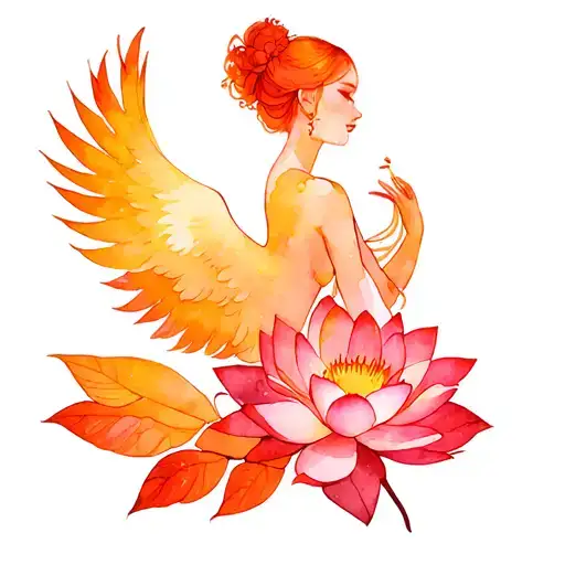 Girl With Feathers Like Rising Phoenix And Lotus Flower Intertwined