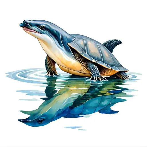 Tortoise On Land Meeting Dolphin In Water