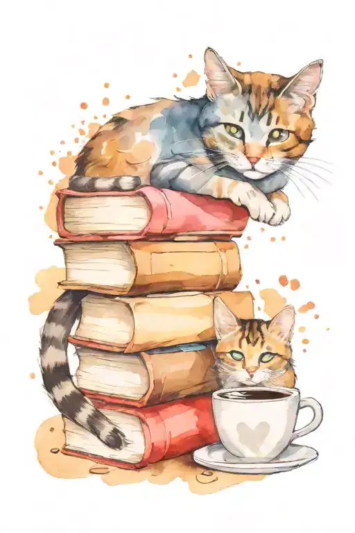 Coffee Stain Background Stack Of Books And Cat Sitting