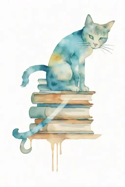 Coffee Stain Background With Stack Of Books And Small Cat