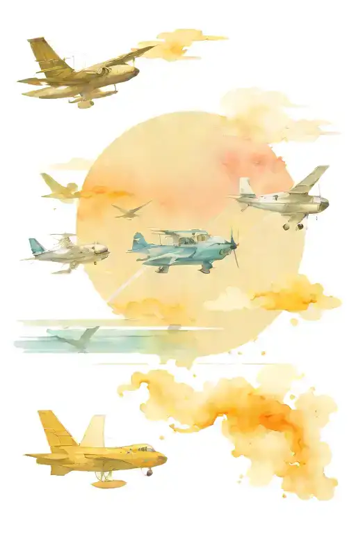 The Evolution Of Planes And Boats Portrayed Over An Ocean Horizon Scene