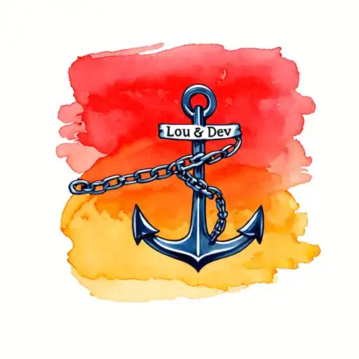 Navy Anchor Intertwined With A Chain That Has The Names Lou And Dev As The Links In A Red Sunrise