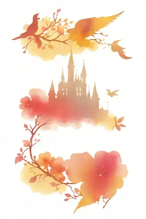 Disney Castle Silhouette With Flying Sparrows And Cherry Blossom Tree