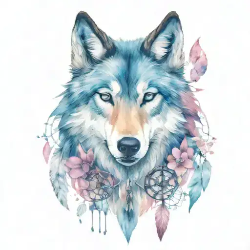 Wolf And Horse With Gem Shapes With Dream Catcher And Cherry Blossom