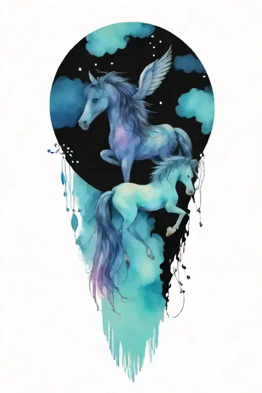 Pegasus Horse Withndream Catcher Entangled With Gem Shapes