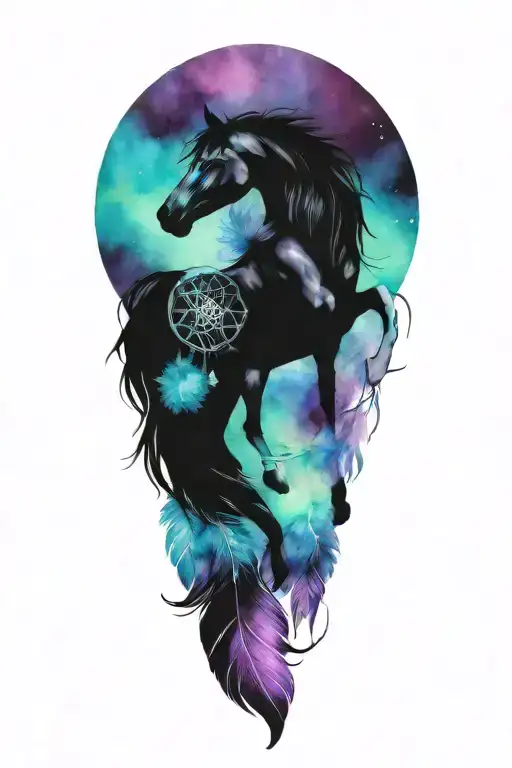 Pegasus Horse With Dream Catcher Entangled With Gem Shapes