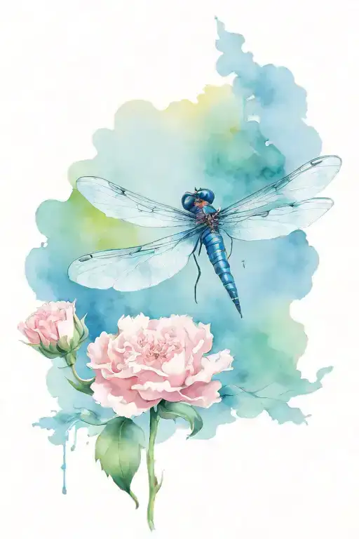 Carnation Flower And Dragonfly Hovering
