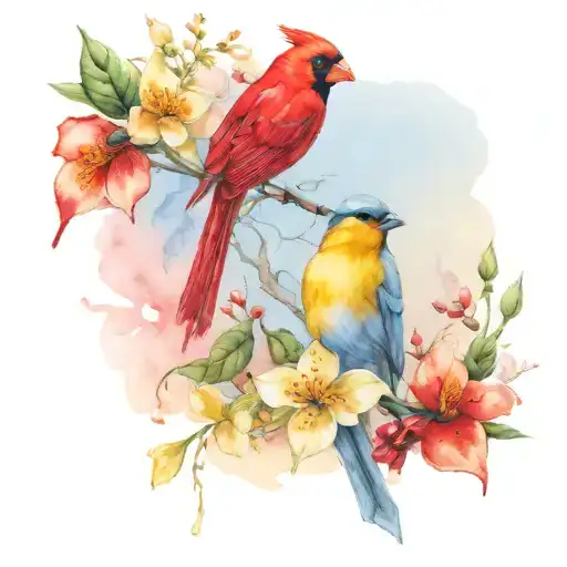 Yellow Jasmine And Red Cardinal Perched