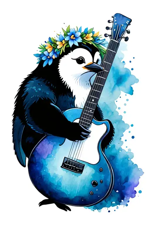 Penguin Wearing Flower Crown Holding Guitar