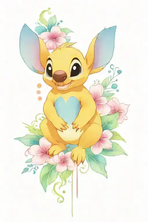 Disney Stitch Surrounded By Hibiscus Flowers