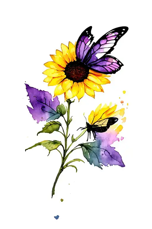 Yellow And Black Sunflower With Purple Butter Fly
