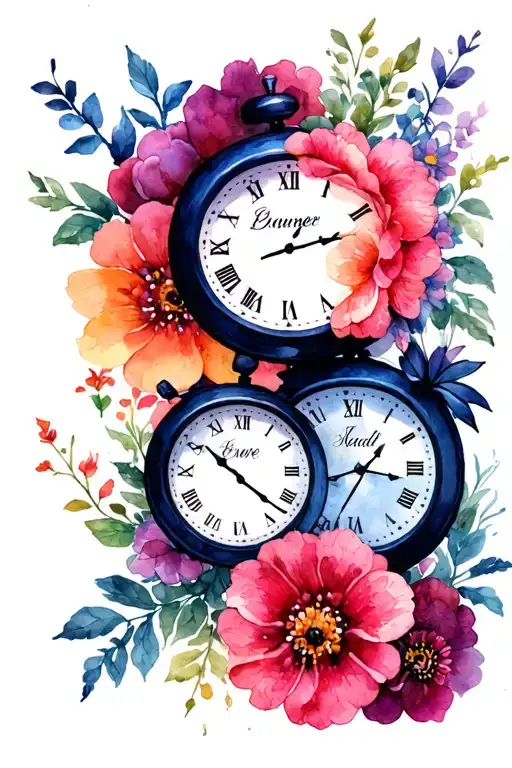 Three Kids Names In Seperate Clocks With Flowers Intertwined