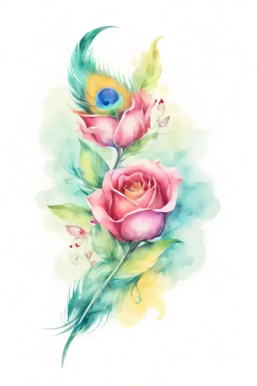 Peacock Feather With Red Roses And Yellow Butterflies