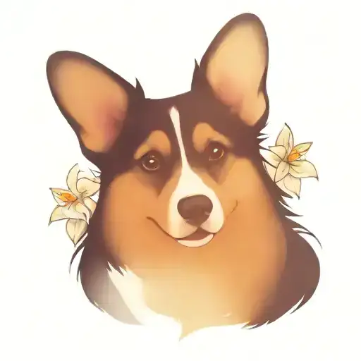 Black Corgi Face With Lillies