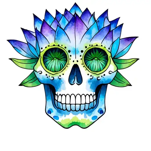 Blue Lotus Flower On Green Multicolored Sugar Skull