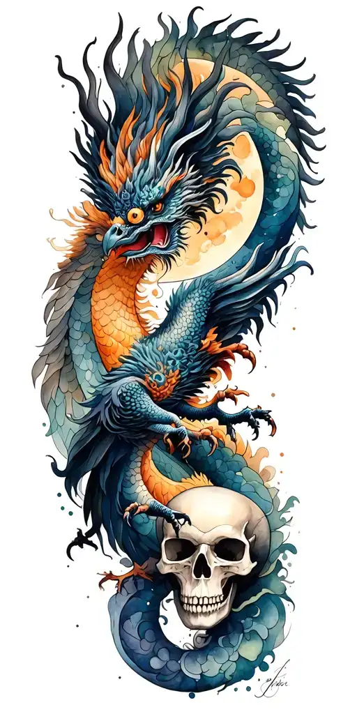 Chinese Dragon And Phoenix And Skull And Moon And Raven