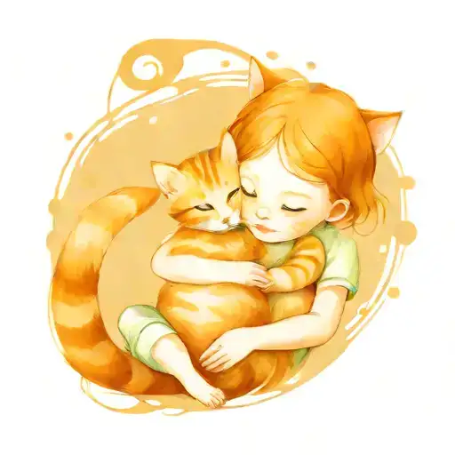 Little Child Hugging Ginger Cat