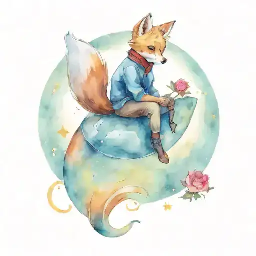 The Little Prince Sitting On A Planet The Looks Like A Fox With A Rose