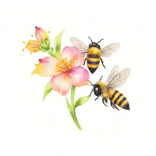 Cartoon Colored Flowers And Honey Bee Buzzing