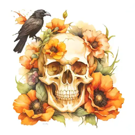 Skull And Raven And Poppies Blooming