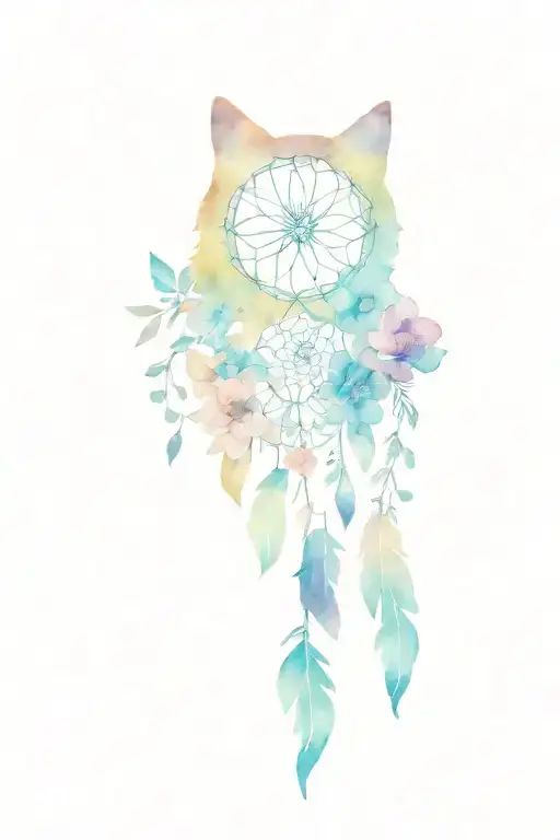 Fine Line Many Flowers And Dreamcatcher Abstract Cat Outline