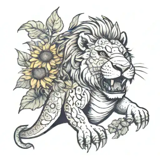 A Lion In A T-rex Outfit Playfully Interacting With Sunflowers In A Cartoon Style