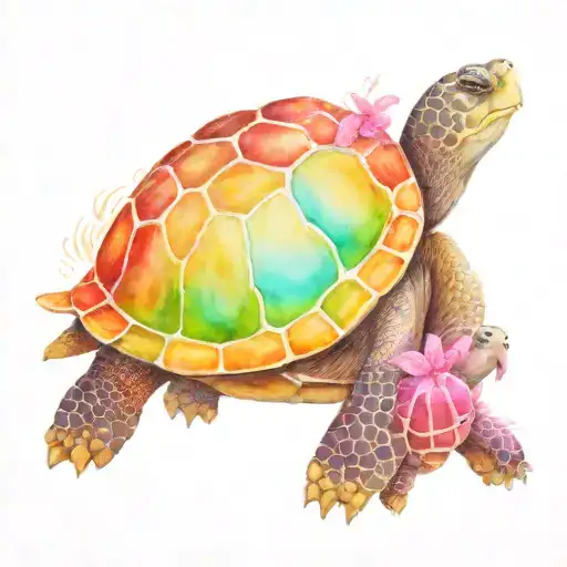 Big Turtle With Baby Turtles Following