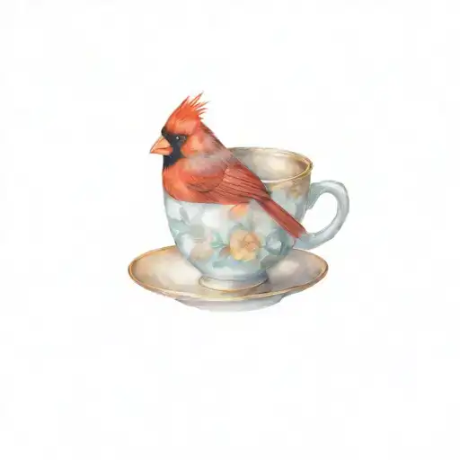 Red Cardinal Bird Rested On The Rim Of A Teacup