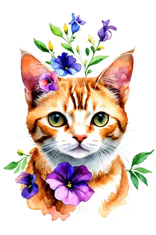 Cat And Sweet Pea Flowers