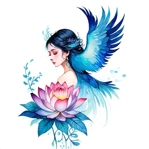 Girl With Feathers Like Rising Phoenix And Lotus Flower Blooming