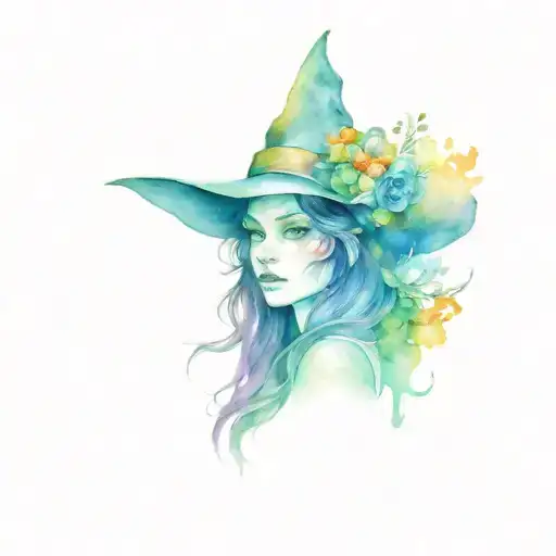 A Witch Fae Woman With Purple Eyes And Brown Hair Wearing A Witch Hat With Flowers