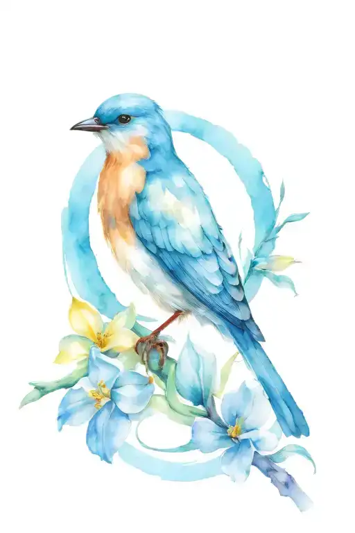 Blue Bird With Violet And Narcissus Flower