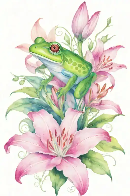 Pink Lily With Vines And A Frog