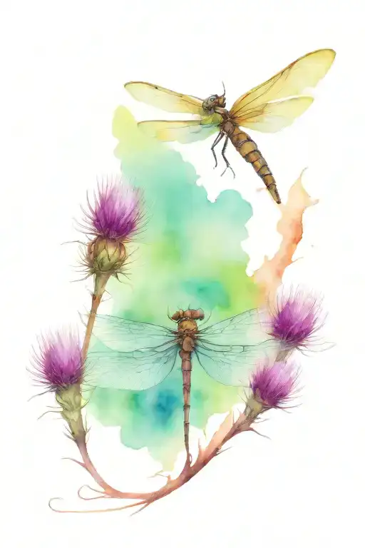 Scottish Thistle And Dragonfly Hovering