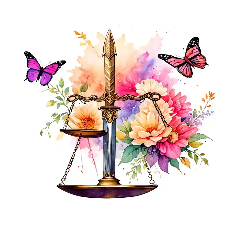 Dagger As Balance Scale With Butterflies And Flowers