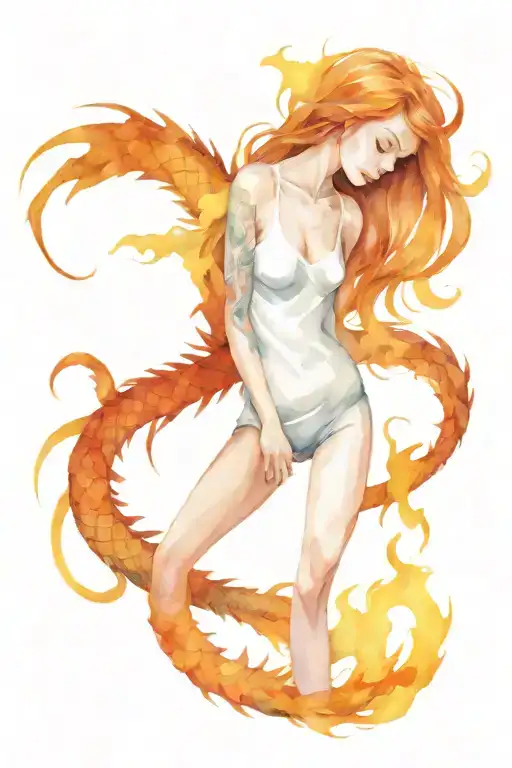 A Throw With A Fiery Mane And A Small Fiery Dragon On A Woman's Thigh