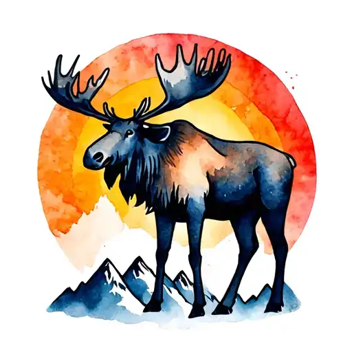 Moose Standing Tall With Nountains And Rising Sun Heart In Background