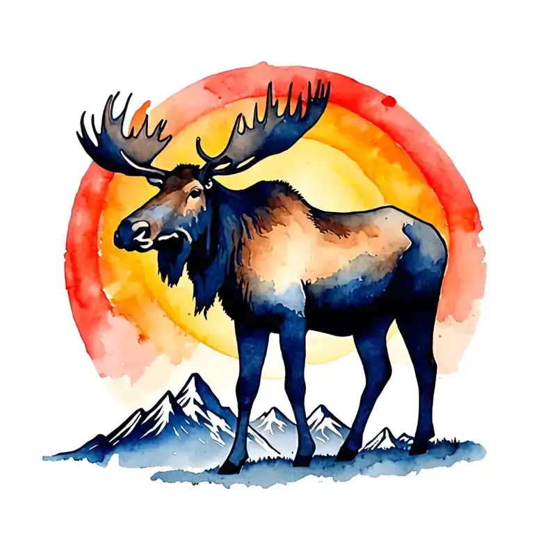 Moose Standing Tall With Nountains And Rising Sun Heart