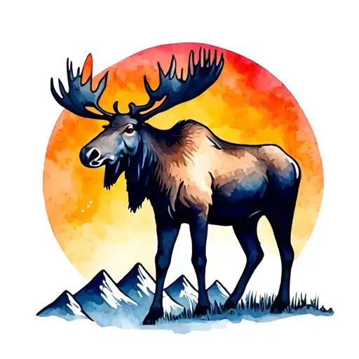 Moose Standing Tall With Nountains And Sunset Background