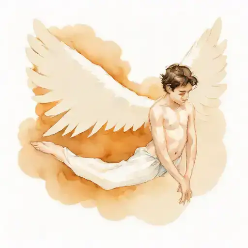 Buff Brunette Boy With Large White Angel Wings