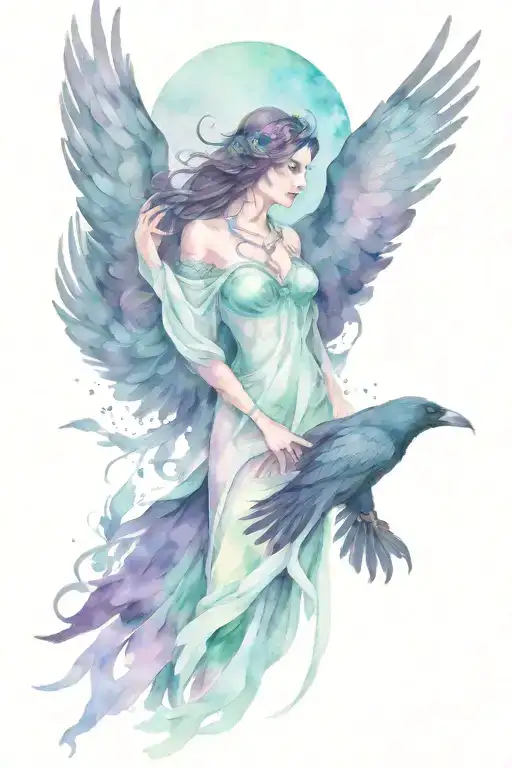 Morrigan Goddess With Raven Flying