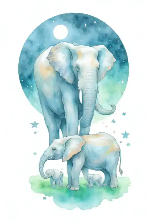 Mother Elephant And Two Kids Under The Moonlight And Stars