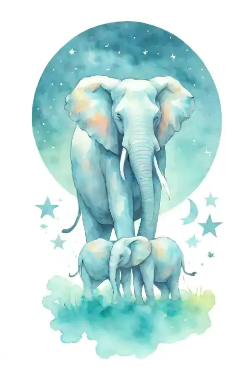 Mother Elephant And Two Kids Under The Night Sky Filled With Stars